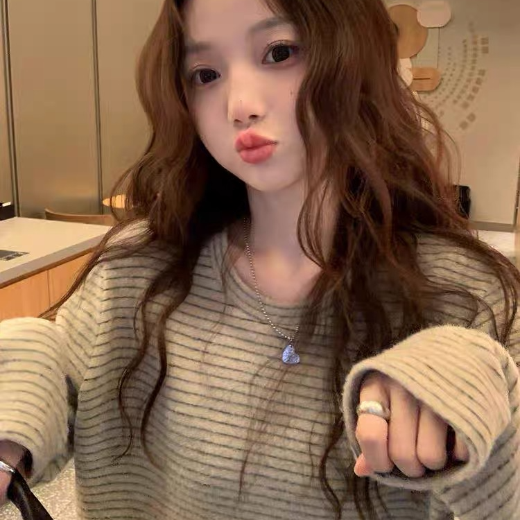 现货【运补4-5】韩系条纹T恤加厚磨毛慵懒风休闲上衣宽松T恤女装