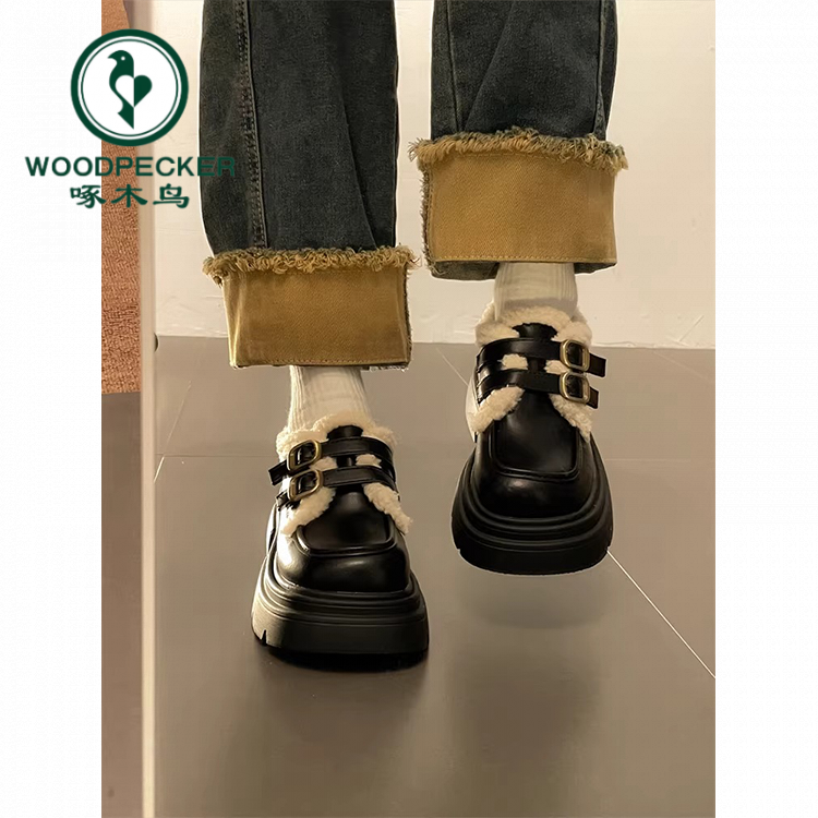 啄木鸟复古小皮鞋女2025秋冬新款百搭英伦风厚底增高一脚蹬乐福鞋