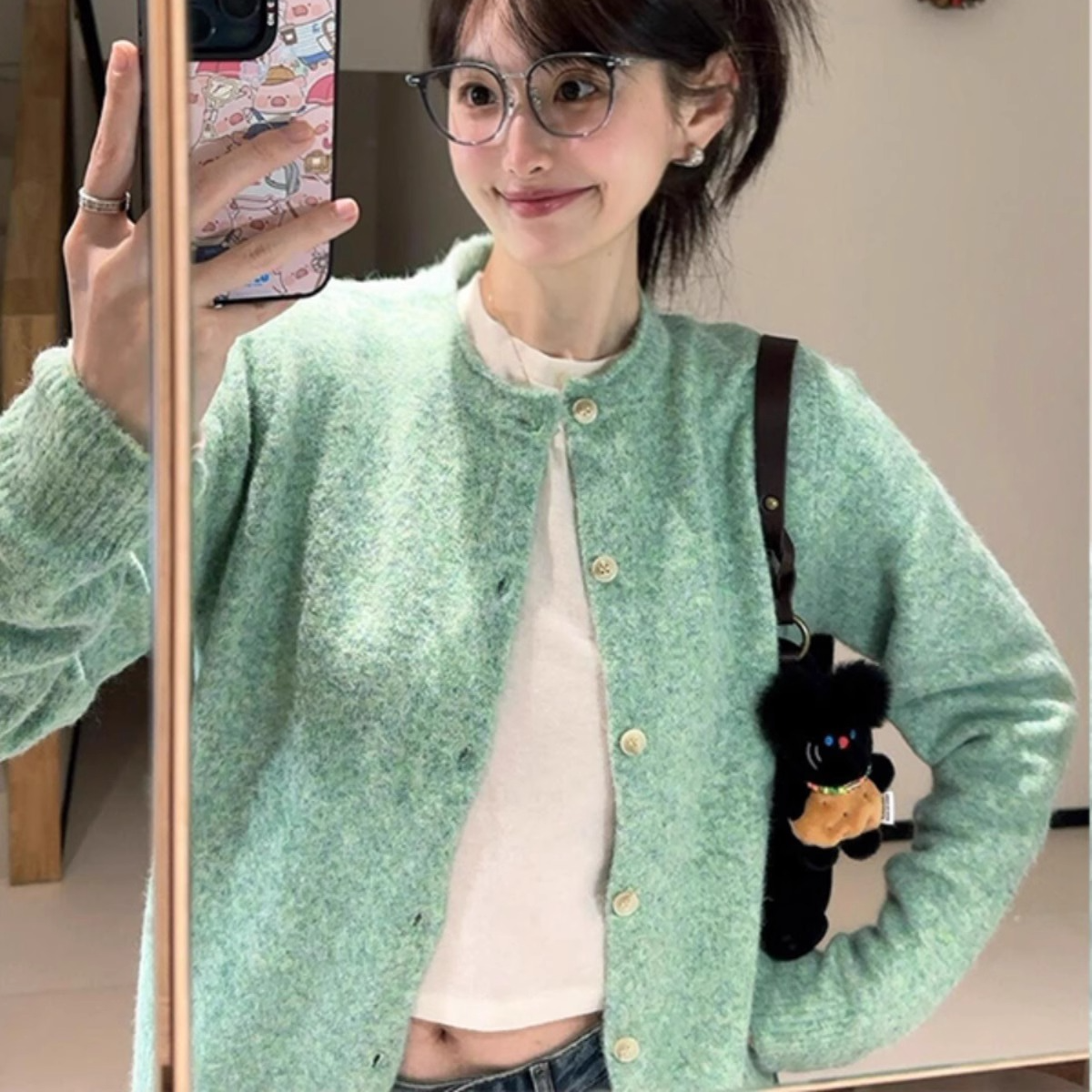 超显白薄荷绿温柔系圆领开衫毛衣2025春秋小个子卷边外穿内搭上衣