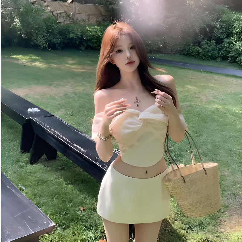 小香套装女夏米白色纯欲抹胸上衣半裙两件套