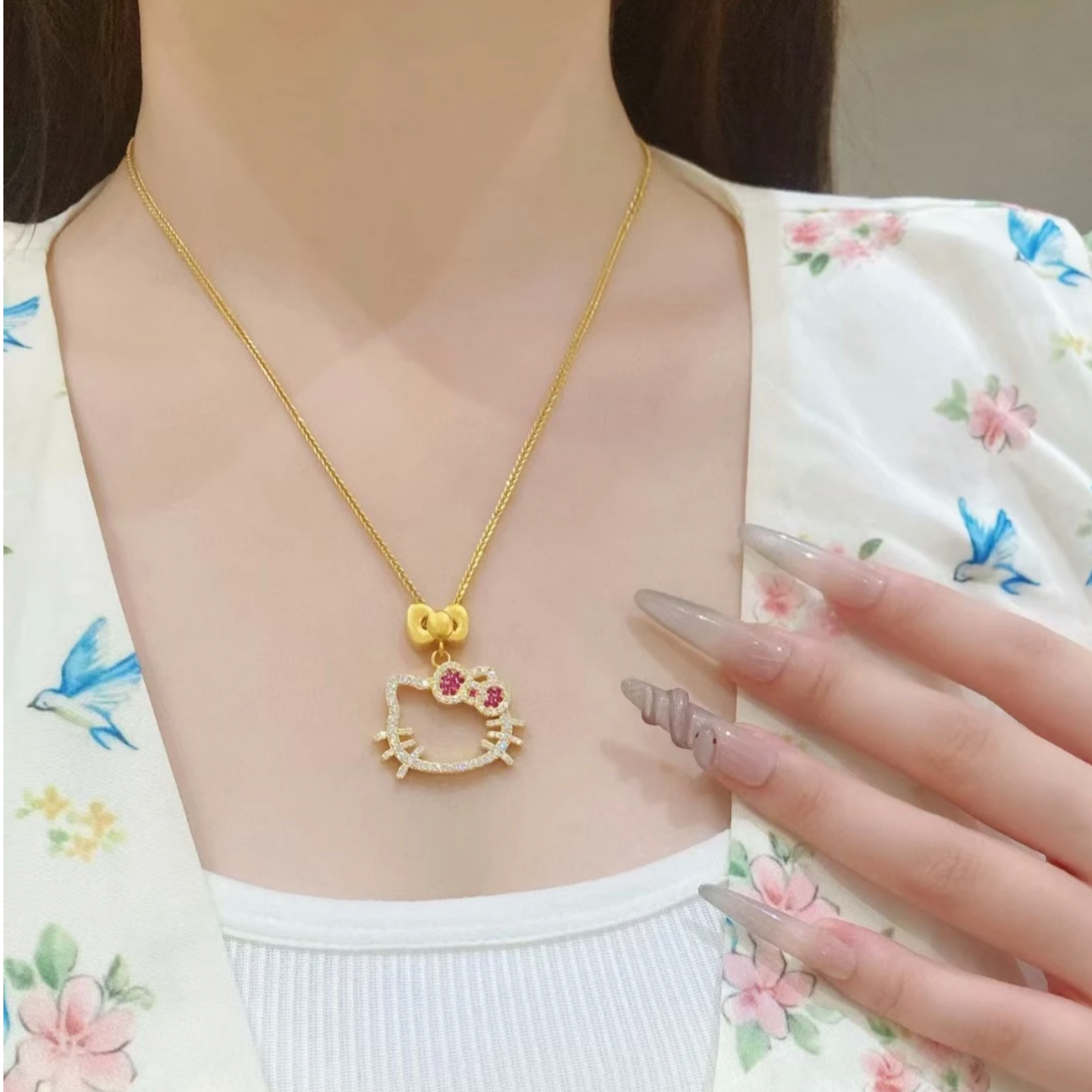 铜合金项链 新中式可爱卡通kitty猫满钻项链时尚显白少女心锁骨链