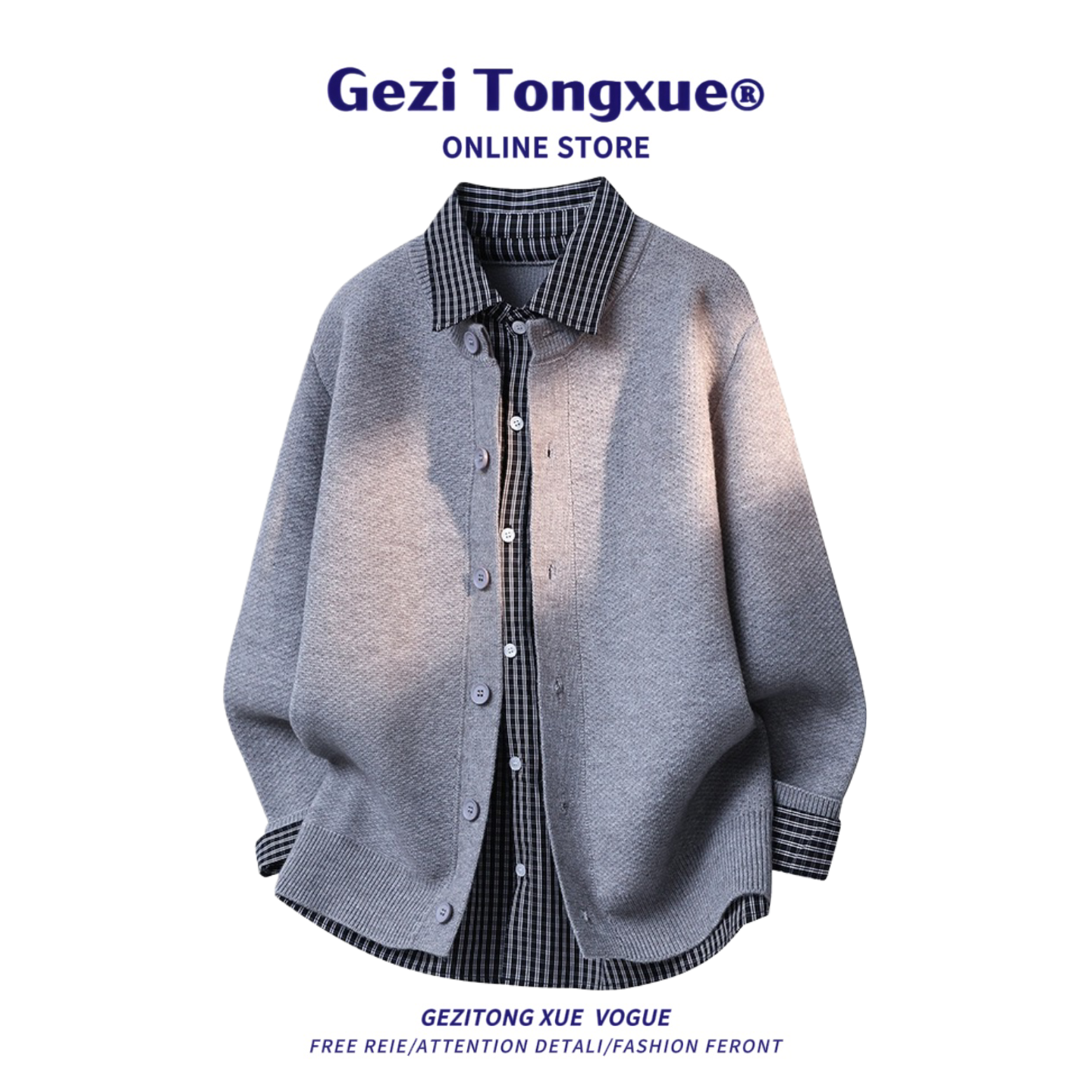 秋冬季厚款衬衫领假两件针织开衫男士休闲宽松日系复古毛衣外套男