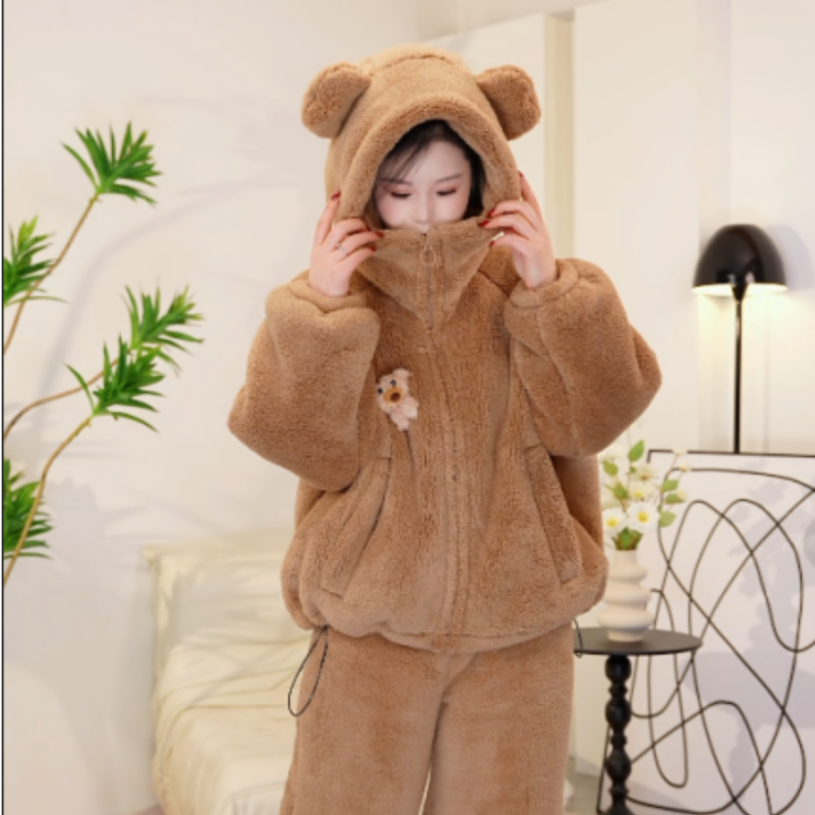 长袖连帽防静电小熊耐磨大码带帽冬季气质睡衣保暖
