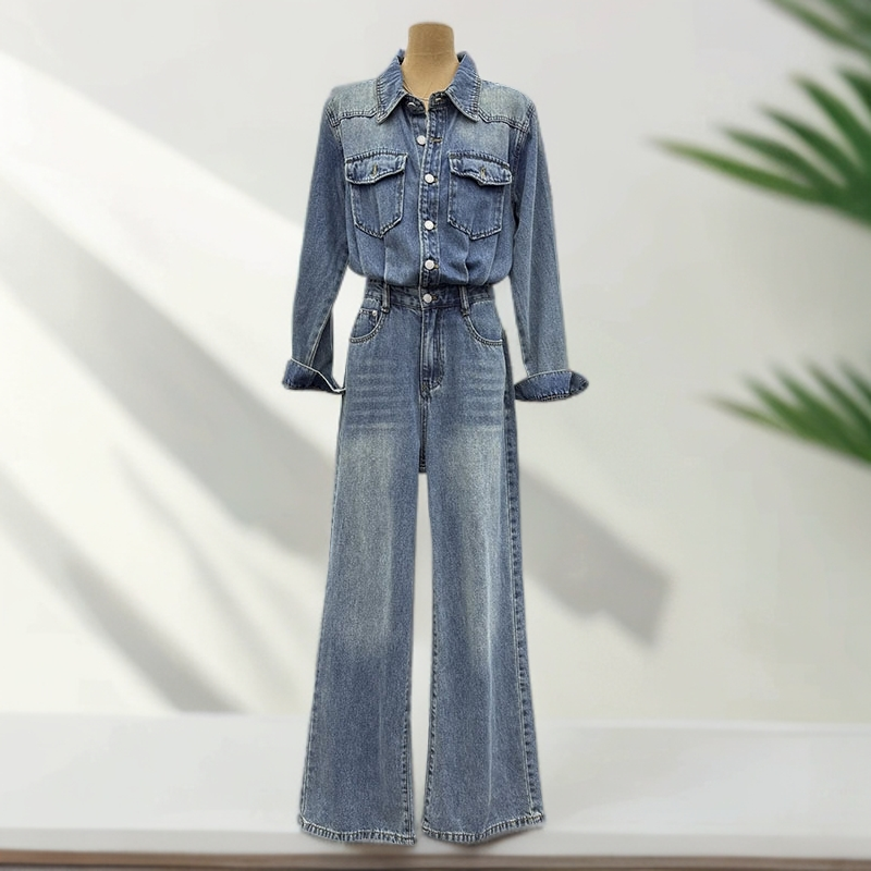 H7059欧洲站秋季新款工装炫酷长袖收腰显瘦阔腿牛仔连体裤连身裤