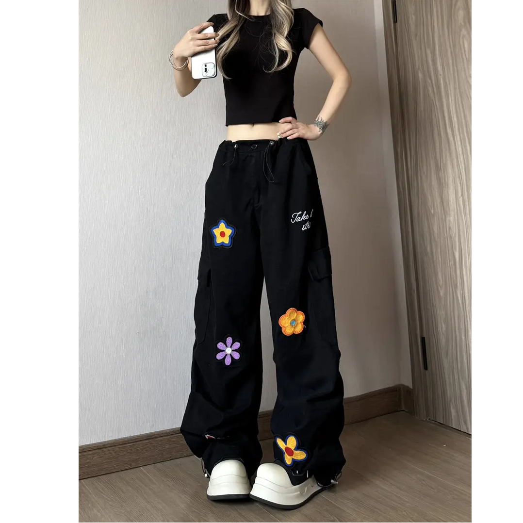 美式街舞刺绣兰花工装裤男女2025春季新款小众设计感显瘦黑色直筒