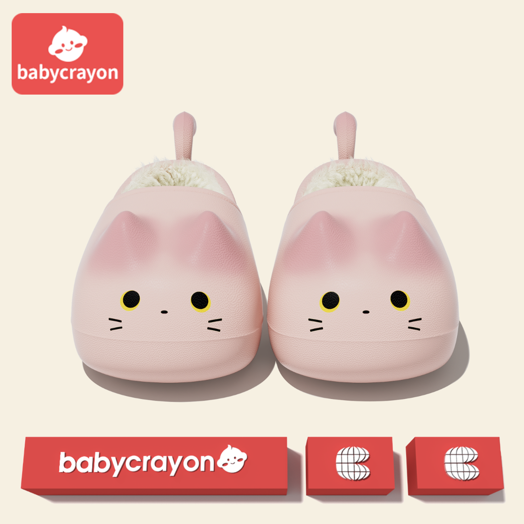 babycrayon猫咪卡通防水棉拖鞋儿童冬季包跟保暖居家加绒亲子棉鞋