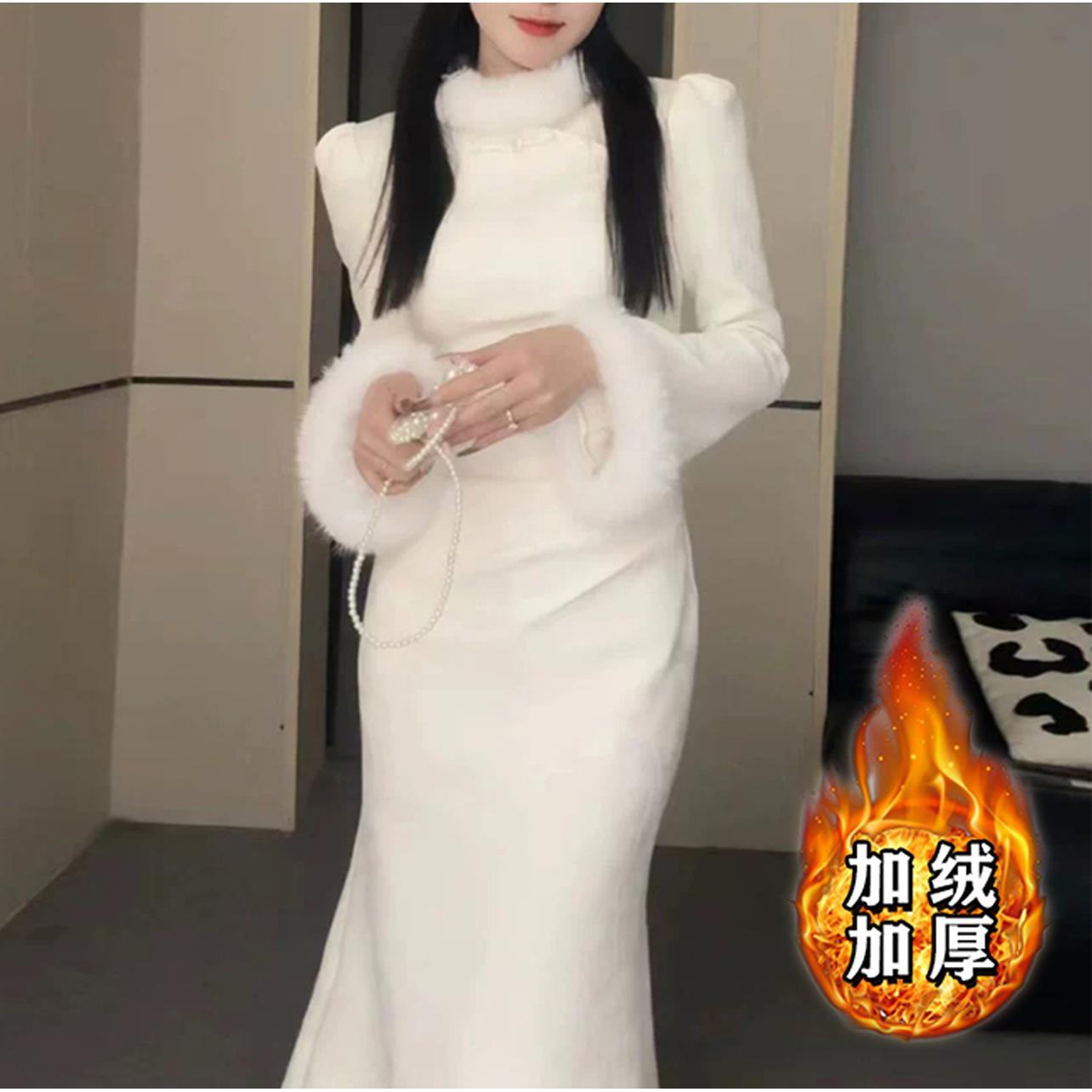 【爆款】【加绒加厚】新中式旗袍收腰显瘦2025新款内搭打底长裙子2838