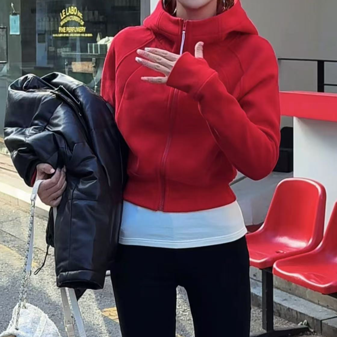 圣诞红加绒加厚保暖连帽拉链卫衣外套冬季新款百搭小个子短款上衣