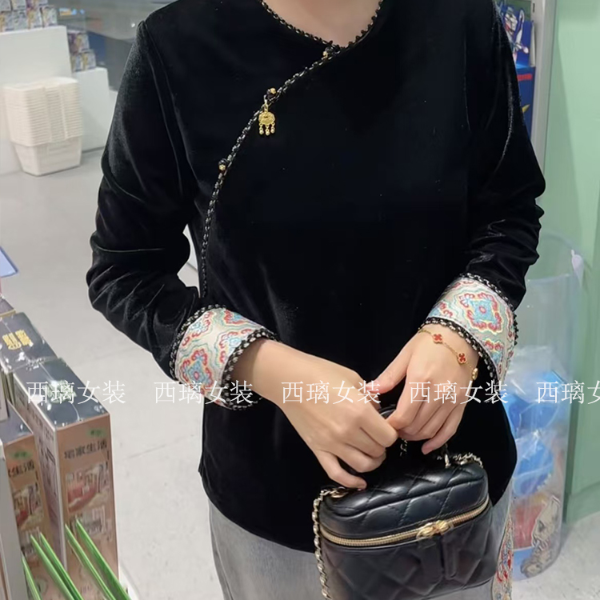 【金锁】刺绣新中式中国风金丝绒衬衫盘扣上衣长袖T恤女衬衣
