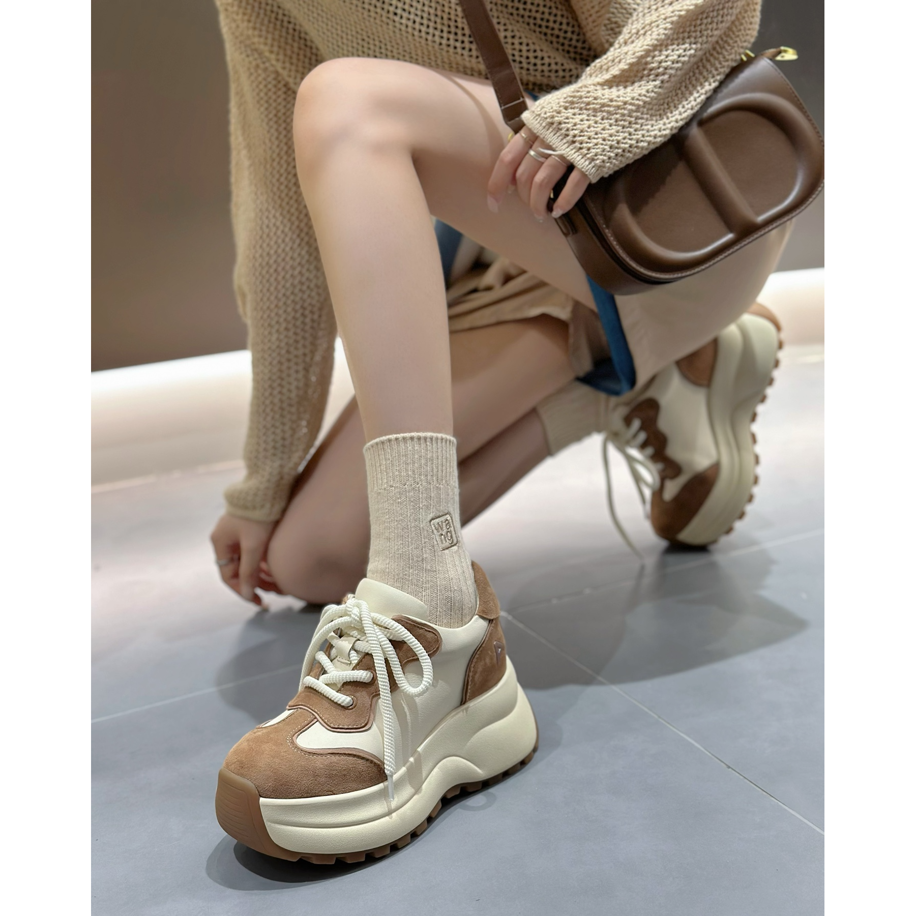 Princess Roche【设计师款】秋季时尚拼色休闲鞋真皮休闲厚底小白鞋