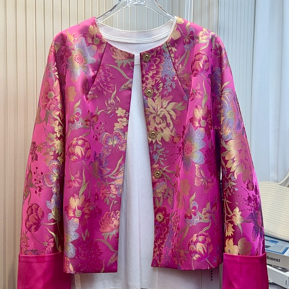 【金莲牡丹】新中式插肩袖玫粉色织锦牡丹金莲提花外套