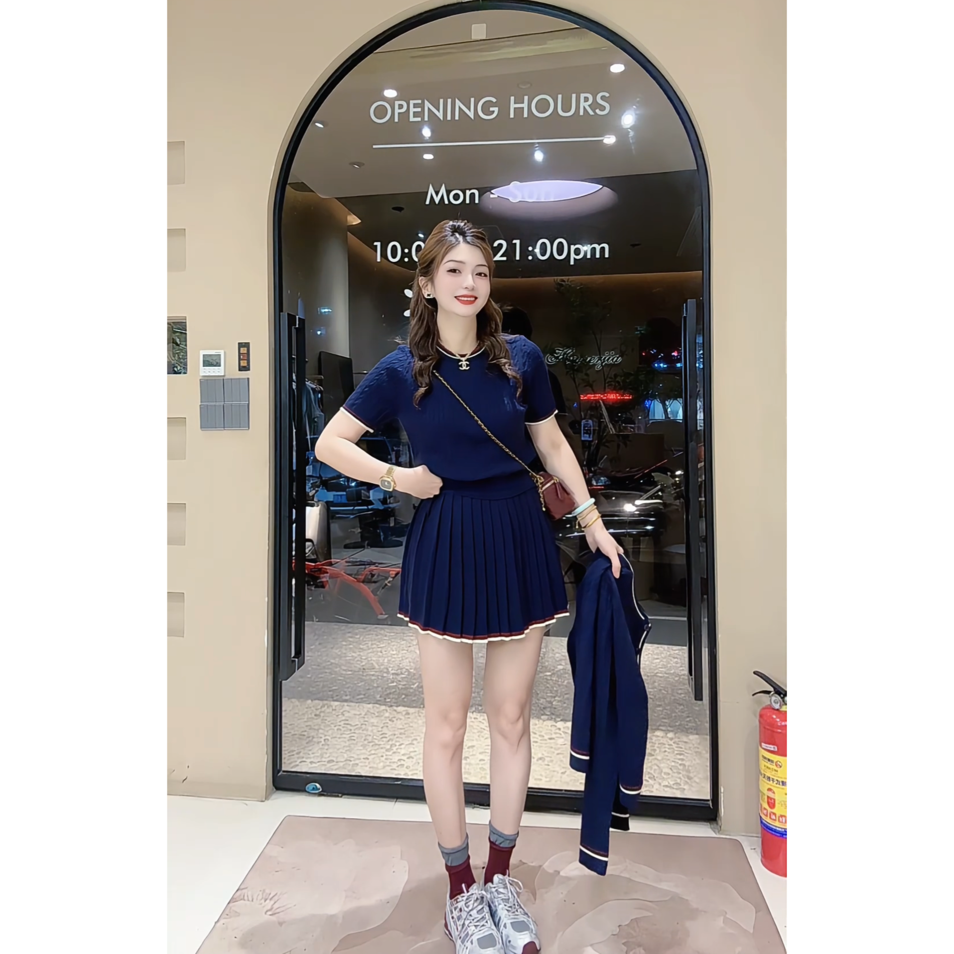 涵儿家 早秋学院风撞色三件套套装（针织开衫+短袖上衣+百褶裙）