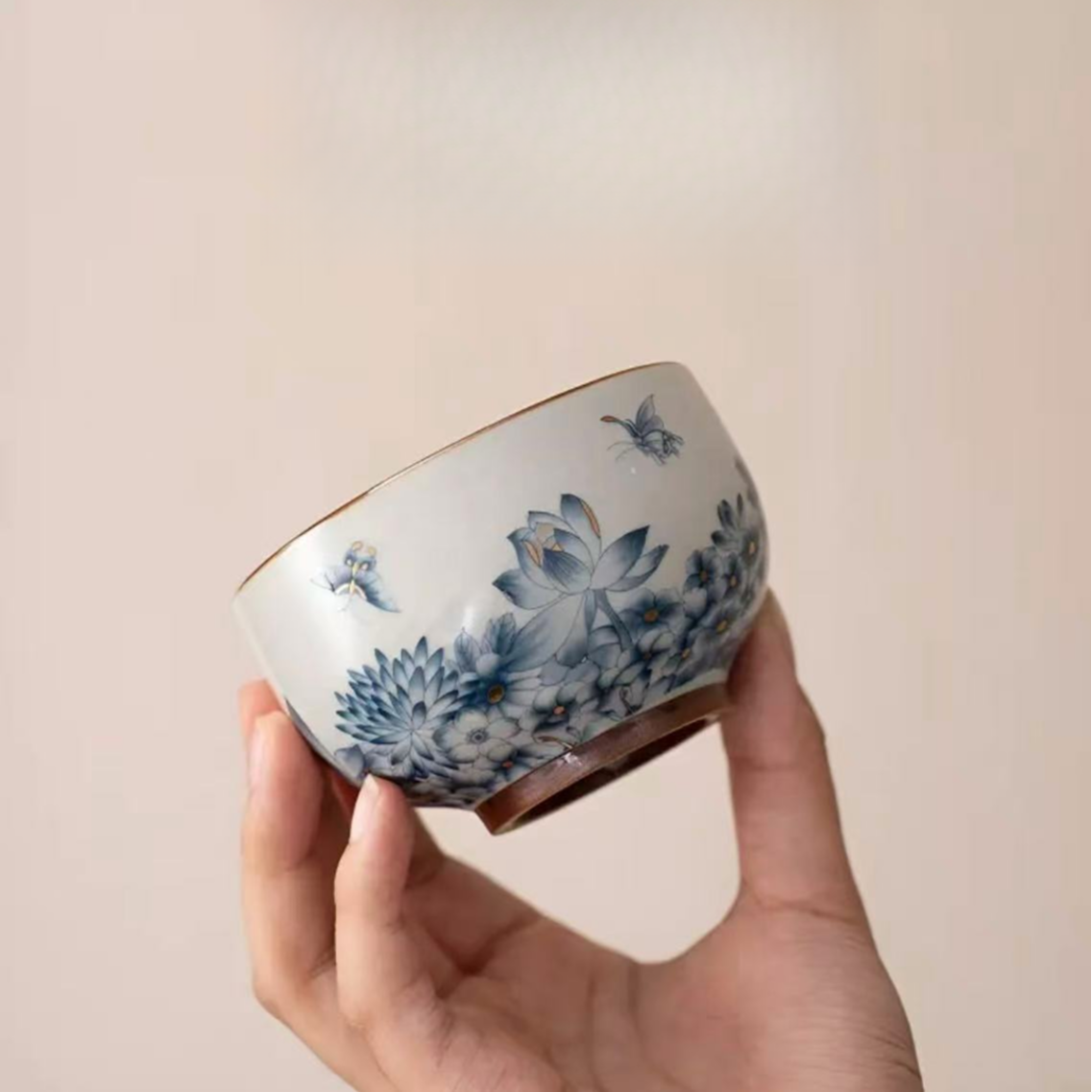 汝窑蝶恋花茶杯主人杯中式家用陶瓷青花禅定品茗杯开片茶具大容量