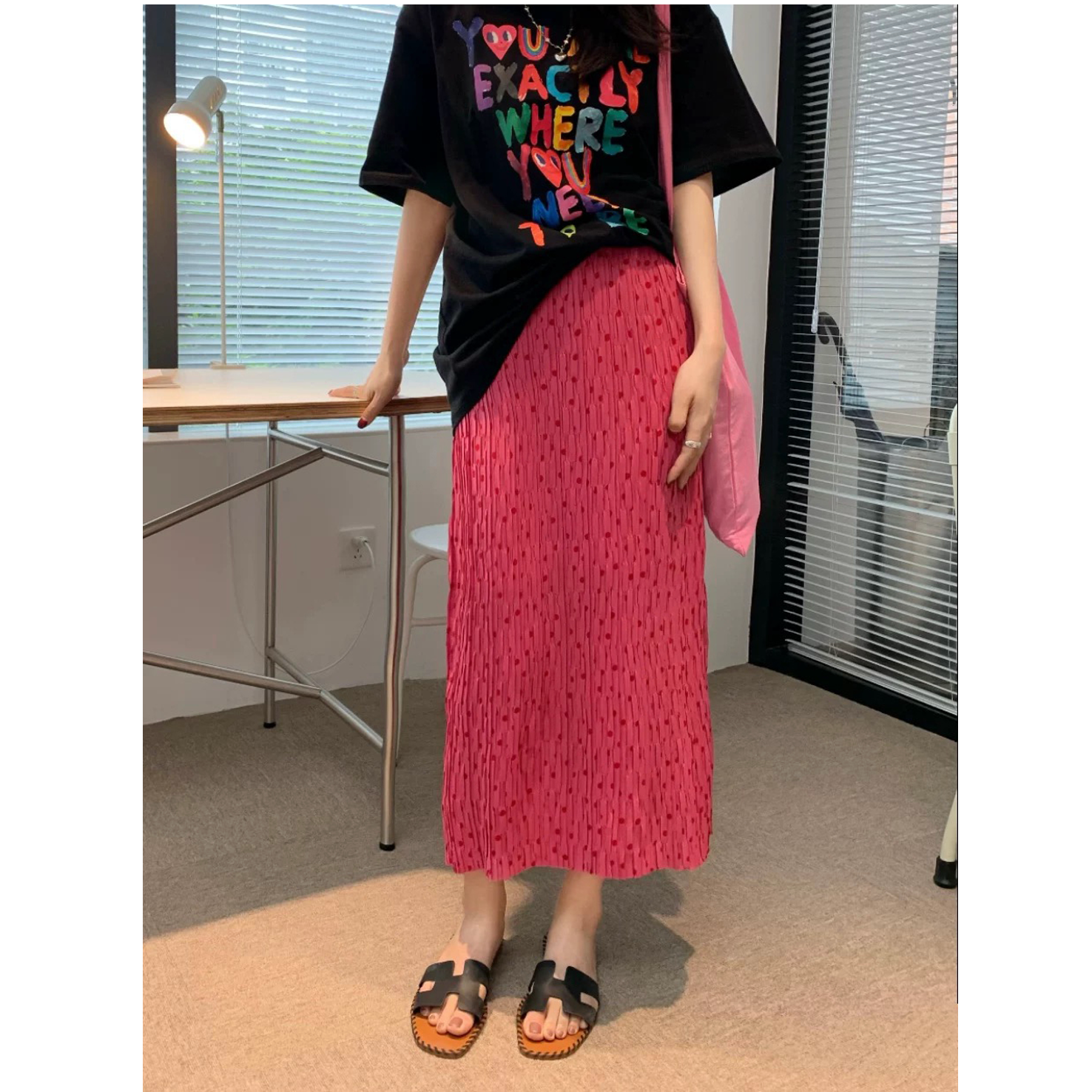 波点红色压褶皱半身裙子雪纺碎花后开叉玫红遮肉显瘦包臀裙直筒裙