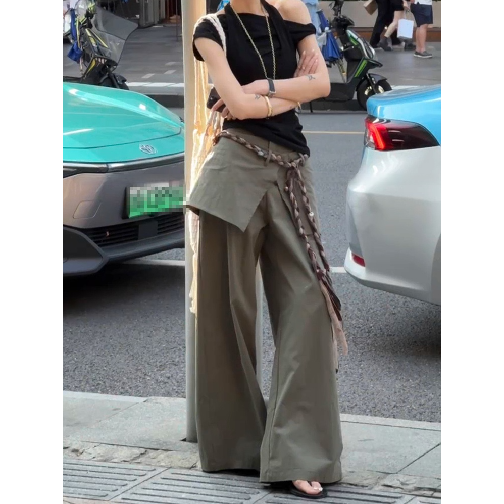 时尚复古辣妹屁帘拼接裙裤女夏季新款气质百搭假两件休闲拖地裤