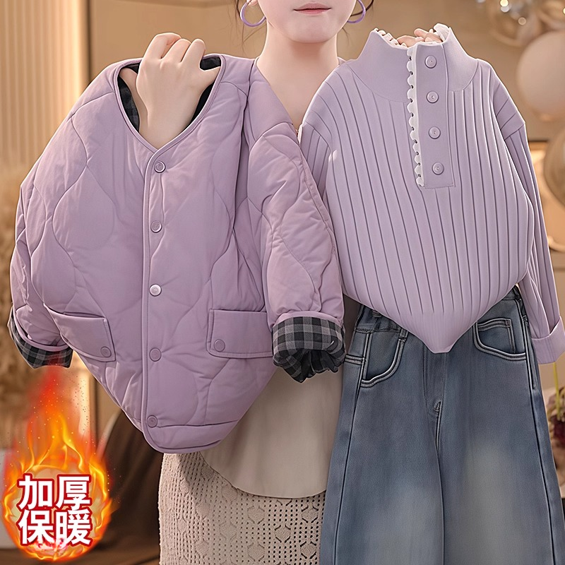 女童两面穿棉服半高领毛衣套装2025新款秋冬夹棉外套蕾丝加厚针织