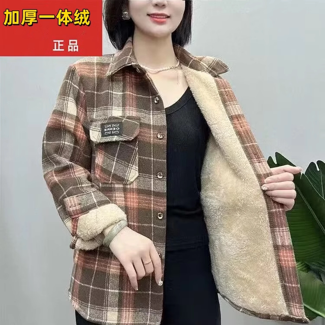 秋冬新款女式加绒加厚棉衬衣休闲时尚格子加厚保暖外套衬衫百搭