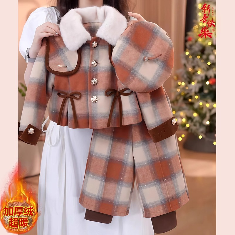 女童格子小香呢子加绒套装2025新款冬装气质加厚外套假两件打底衫