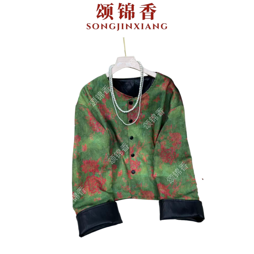 【香】Q3144新中式国风复古印花双面穿皮衣外套长袖秋装上衣