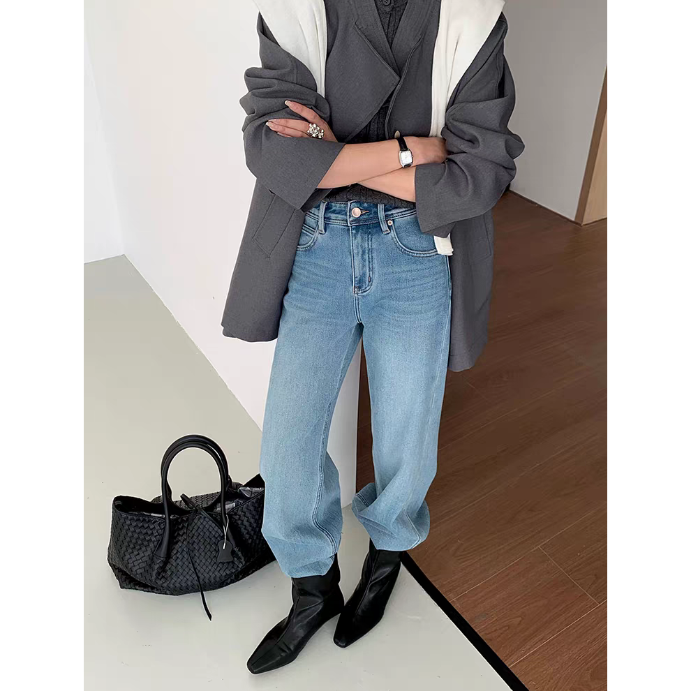 M.Duo【67916】2025年冬季时尚百搭弹力窄版阔腿直筒牛仔裤