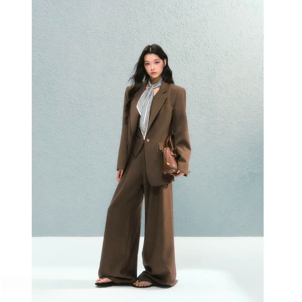 A607 老钱风复古外套/高级V领马甲/阔腿裤/短裙三件套女气质穿搭