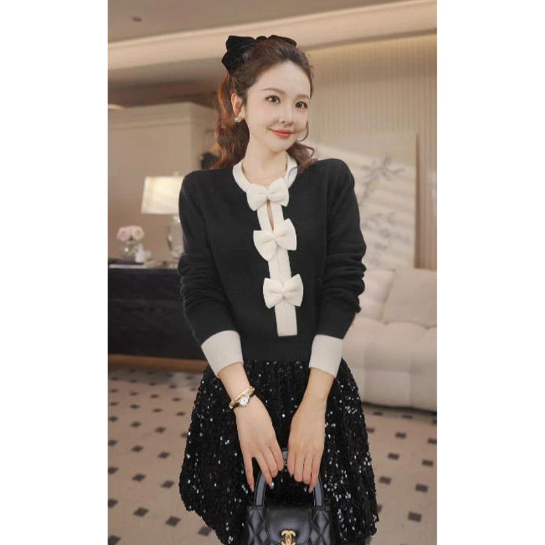 小香风气质显瘦设计感时尚长袖撞色蝴蝶结毛衣针织百搭上衣H9-97