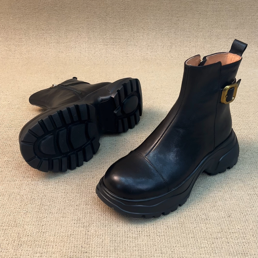 RubyL/5.5cm经典百搭通勤侧拉链皮带扣圆头运动风厚底马丁靴女款