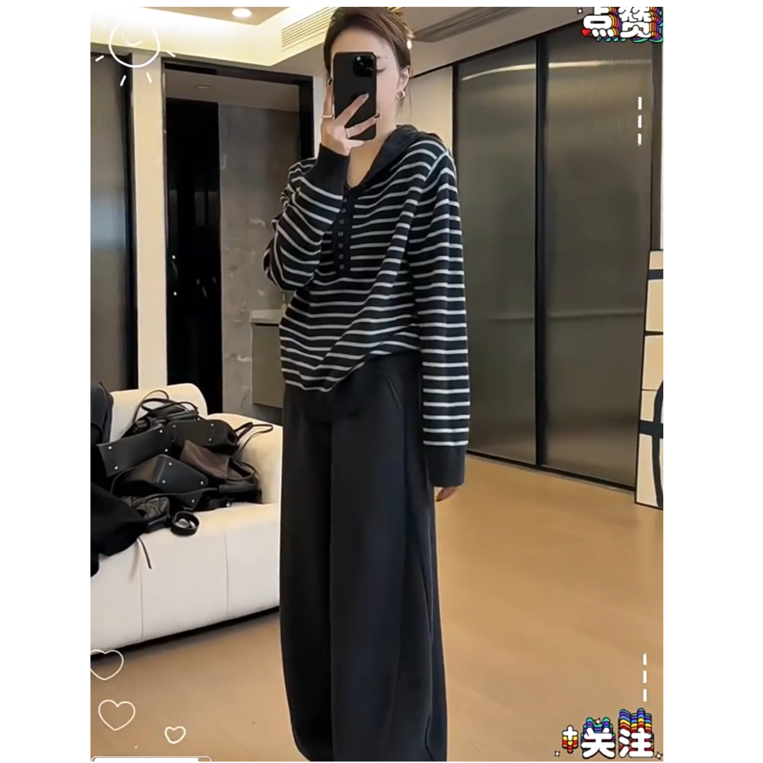 早秋穿搭一整套女韩版休闲风连帽条纹长袖针织衫百搭休闲直筒卫裤