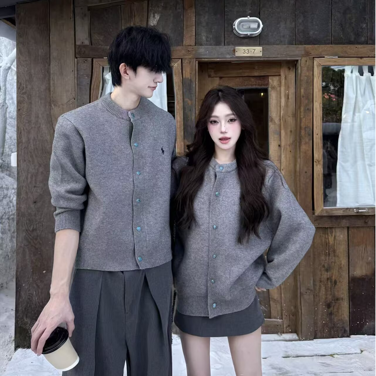 情侣厚款纽扣小香风拼接衬衫针织毛衣宽松针织衫冬季