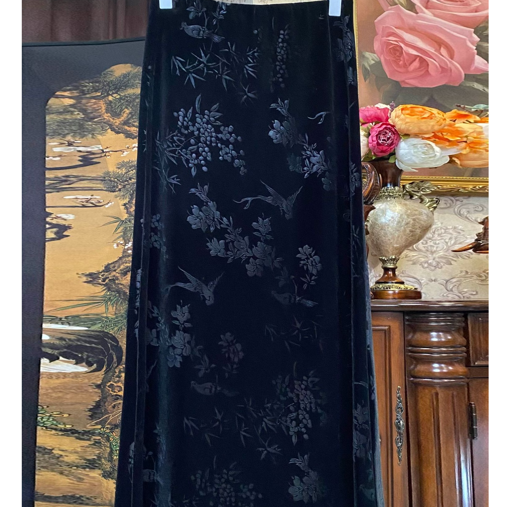 美爱《花香鸟语》休闲百搭女士气质丝绒秋冬印花半身裙松紧腰头Q434