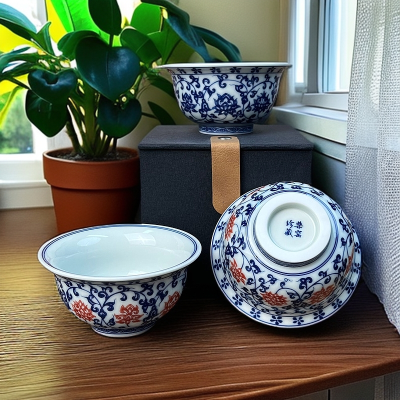 青花釉里红永乐缠枝莲家用主人杯中式复古陶瓷大号品茗杯喝茶杯子