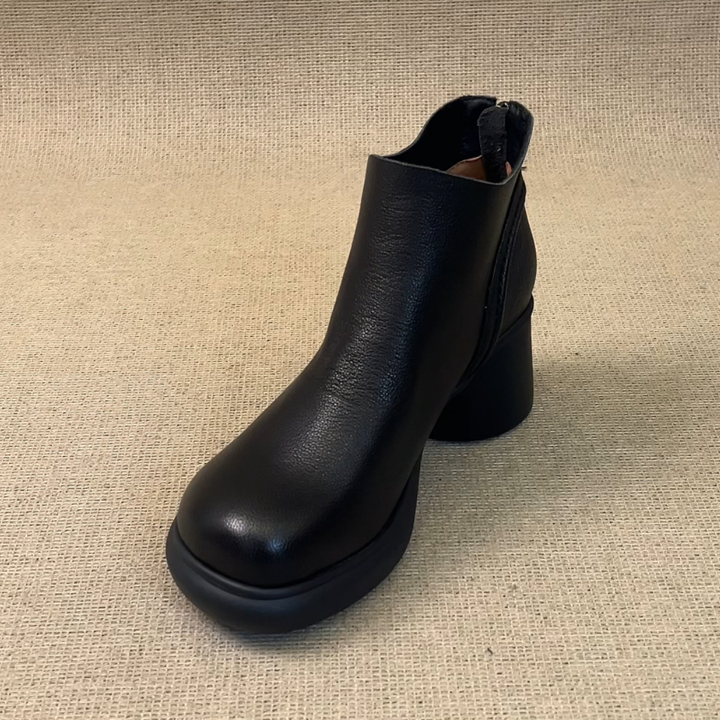 RubyL/6.5cm小个子复古通勤舒适百搭后拉链圆头粗跟厚底短靴女款