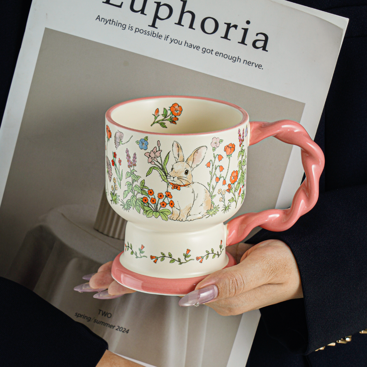 花丛兔马克杯高级感中古风杯子小众创意陶瓷水杯家用办公室咖啡杯