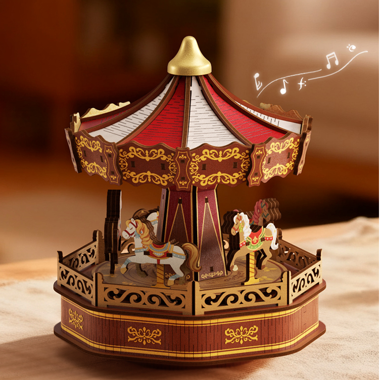 旋转木马八音盒diy手工拼装木制音乐盒积木玩具女孩儿童生日礼物6