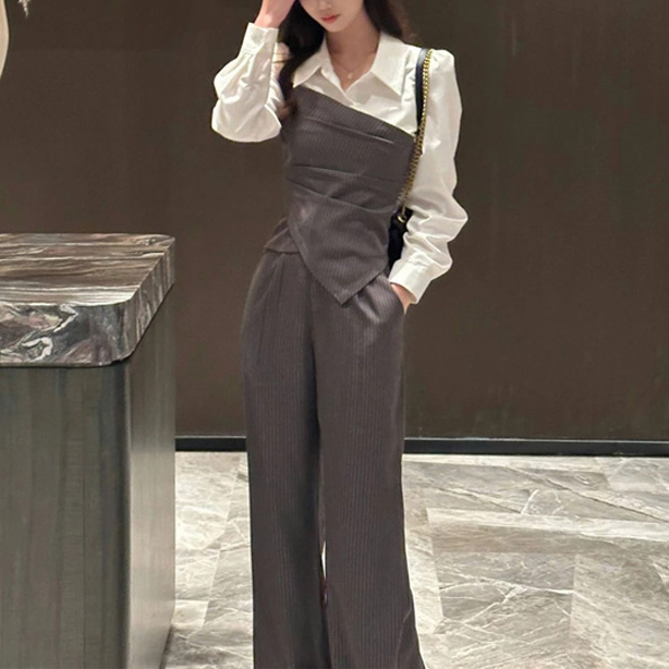 外致家流行穿搭一整套通勤条纹衬衫两件套气质正式场合两件套秋