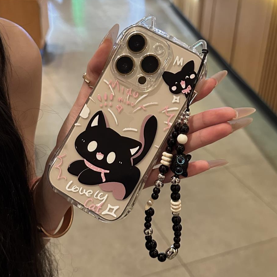 卡通惊吓黑猫挂链适用iPhone16/15pro苹果1412猫耳手机壳13透明11