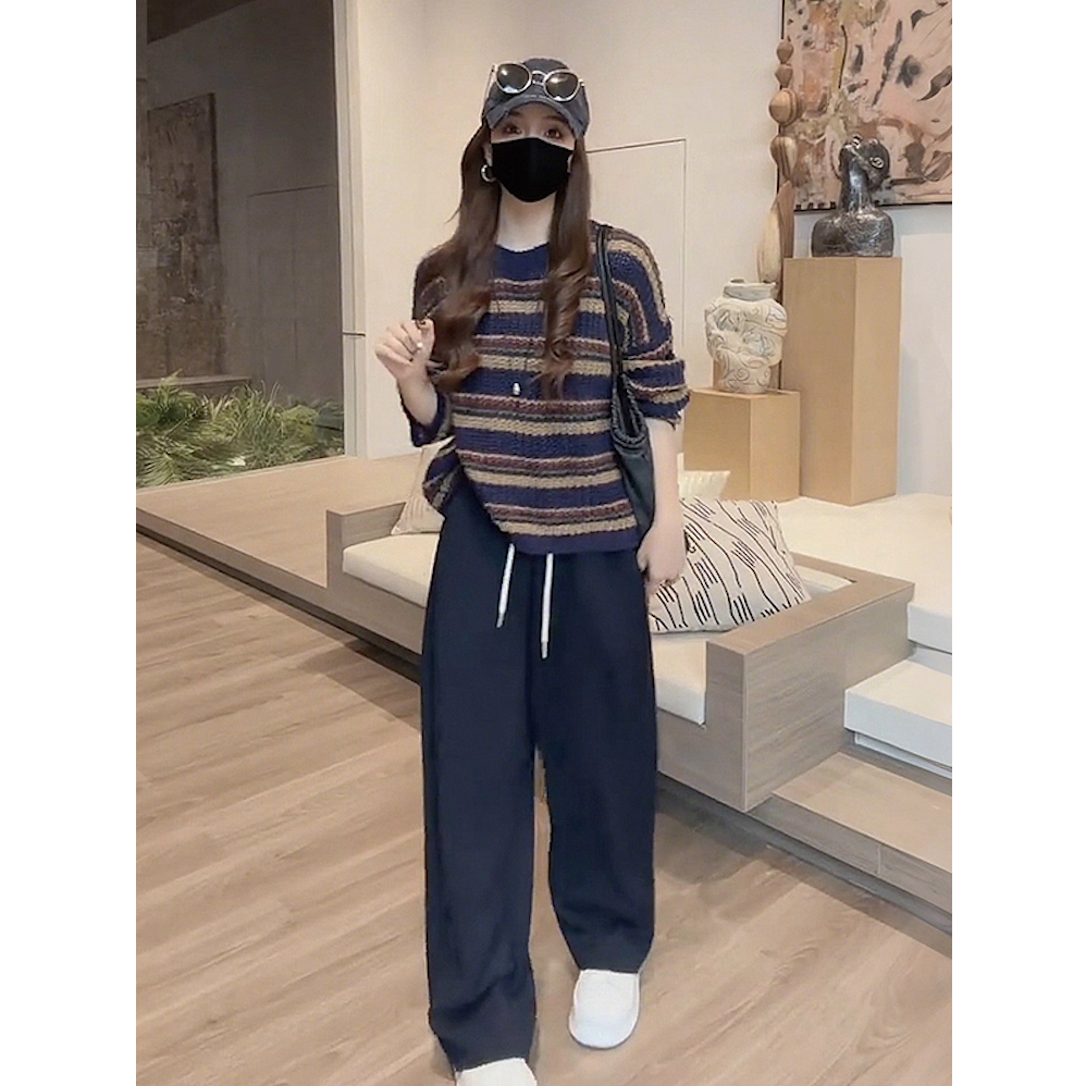 秋季时尚减龄休闲套装女慵懒风软糯条纹毛衣高腰显瘦阔腿裤两件套