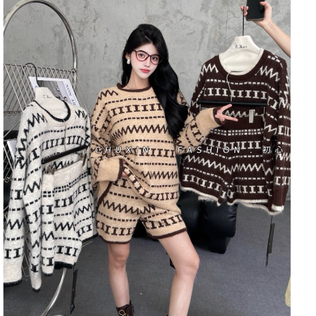 休闲风慵懒风时尚套装上衣时尚韩版复古潮流提花秋季短裤两件套潮