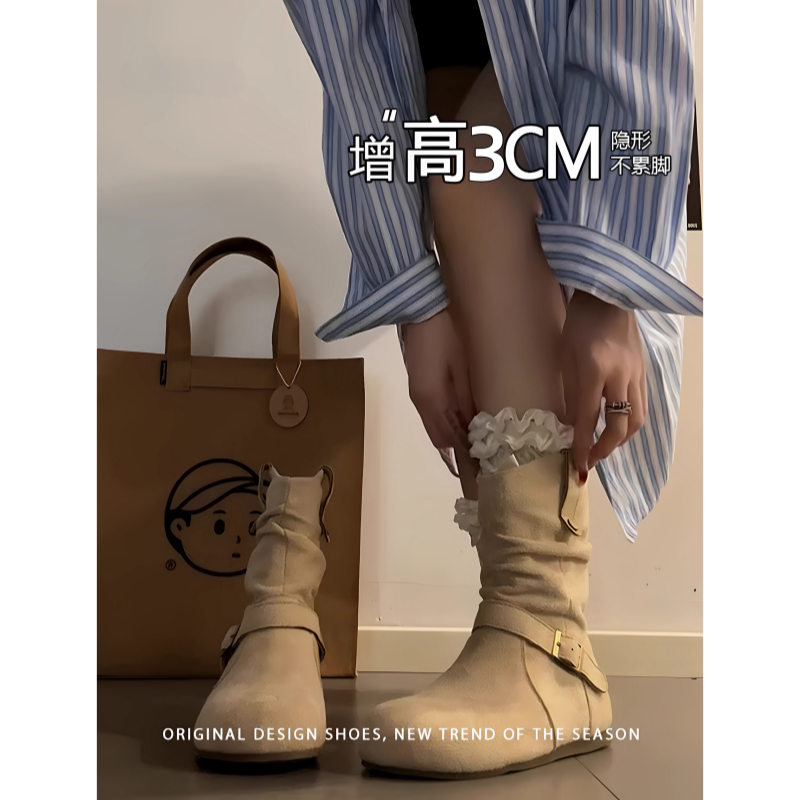 自留款~隐形内增高3CM平底短筒勃肯靴女2025新款复古皮带扣西部靴