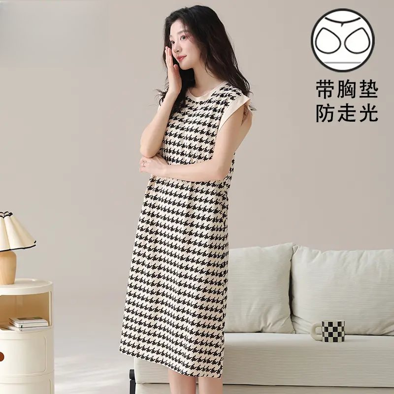 睡衣女士夏季薄款带胸垫防走光无袖坎肩睡裙宽松大码条纹连衣裙
