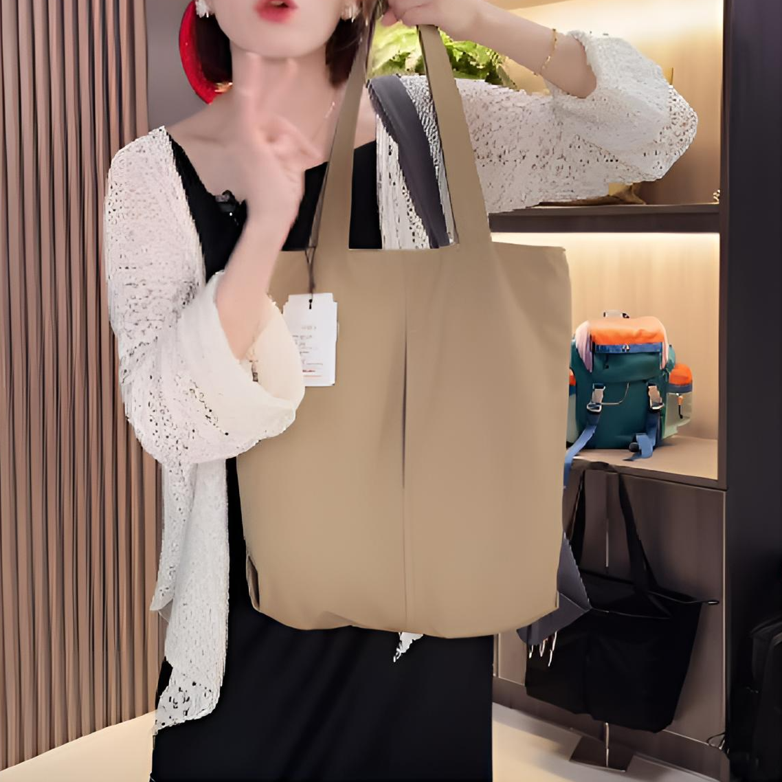 进口简约百搭购物袋休闲款超轻大容量尼龙布单肩包托特包布包