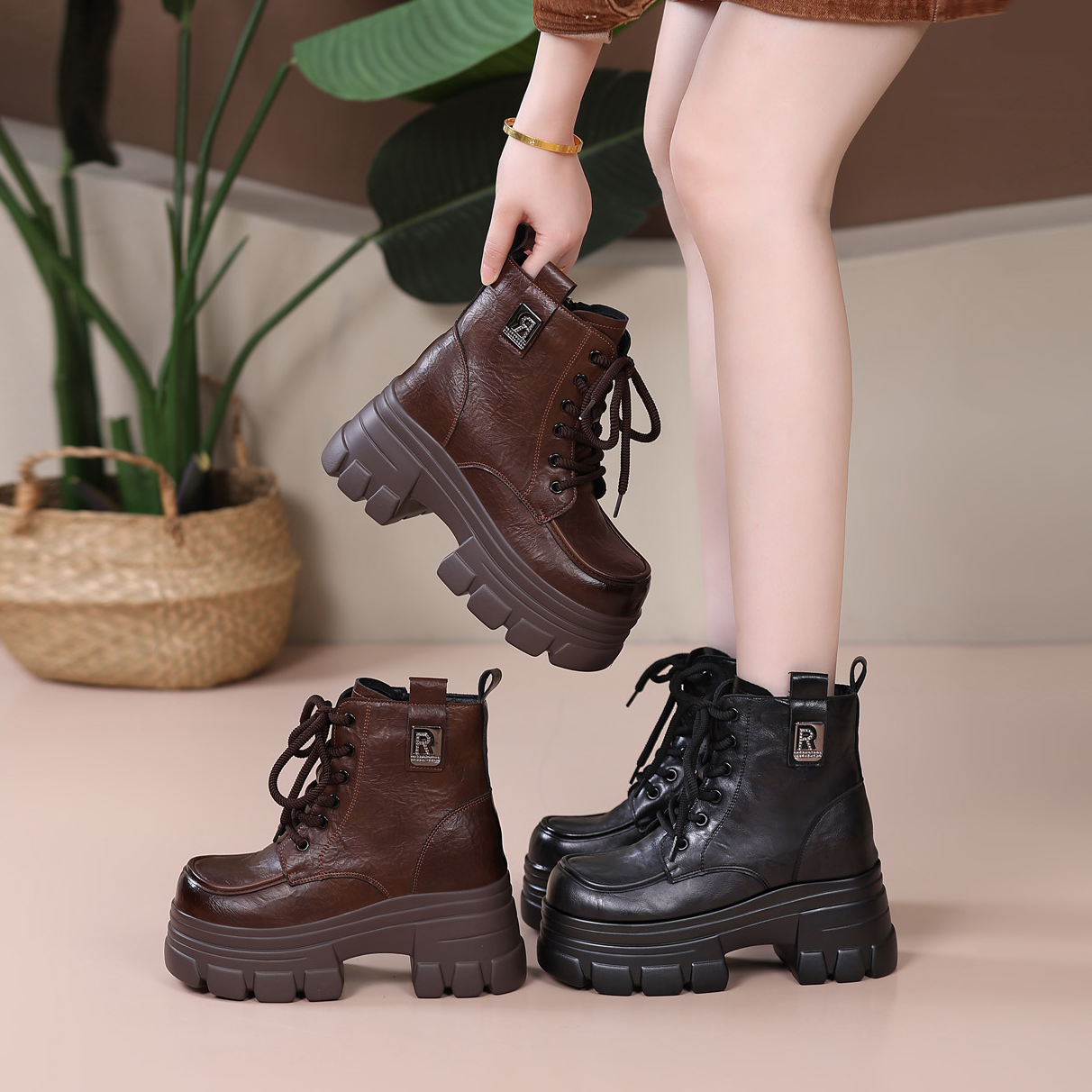 【跟高8厘米】高跟厚底马丁靴女鞋2025秋冬季新款英伦风短筒靴子ins