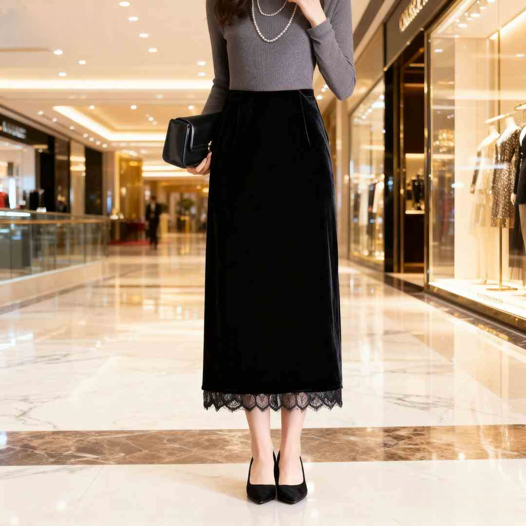金丝绒包臀半身裙女2025秋冬季高腰垂感直筒修身开叉蕾丝边长裙子