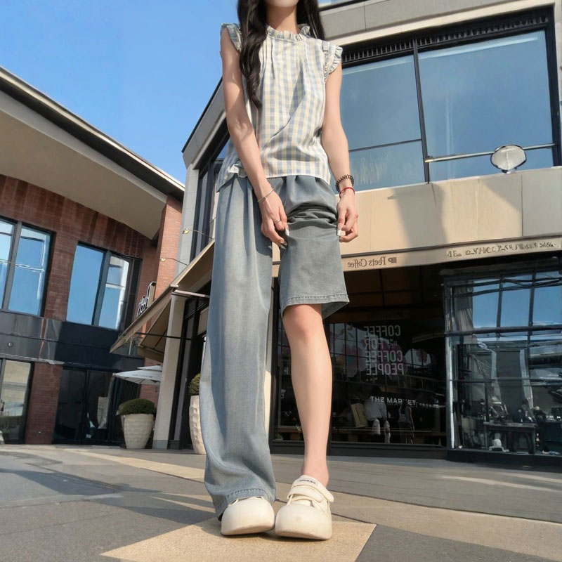 冰丝阔腿牛仔裤女直筒裤2025新款春秋季高腰显瘦垂感天丝弯刀裤子