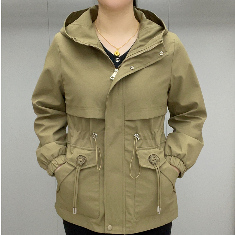 连帽中长款秋冬女士薄款修身型风衣工装法式外套长袖上衣绑带外套