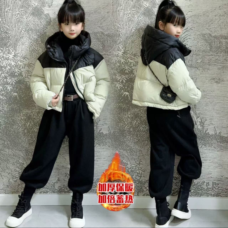 女童秋冬季短款棉衣外套2025新款洋气保暖面包服加绒哈伦裤两件套