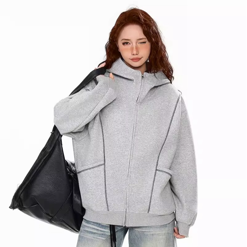 美式复古分割线条连帽卫衣男女2025秋冬季高级感宽松休闲灰色外套