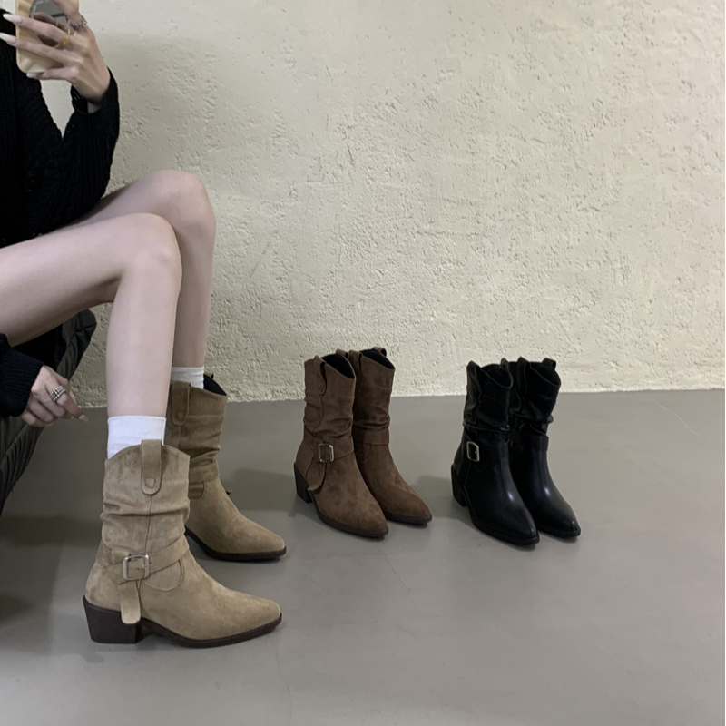 QR-8-R678复古风绒面v口西部牛仔靴女2025秋冬骑士靴皮带扣堆堆靴