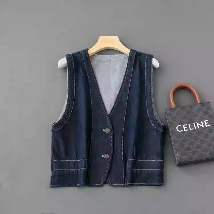 招牌土壤牛仔！叠穿层次感复古挺括纯棉深V领明线牛仔马甲女春新