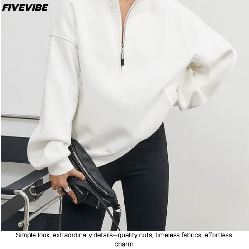 FIVEVIBE秋季运动风拉链廓形落肩卫衣白色百搭立领上衣宽松女士